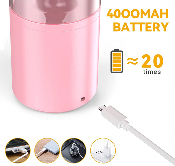 Mini Blender Electric Giftry®, Portabil/Multifunctional, Wireless, Capacitate 500 ml, Baterie reincarcabila, Tava cuburi gheata, Palnie, Roz [6]