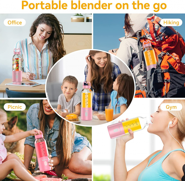 Mini Blender Electric Giftry®, Portabil/Multifunctional, Wireless, Capacitate 500 ml, Baterie reincarcabila, Tava cuburi gheata, Palnie, Roz [8]