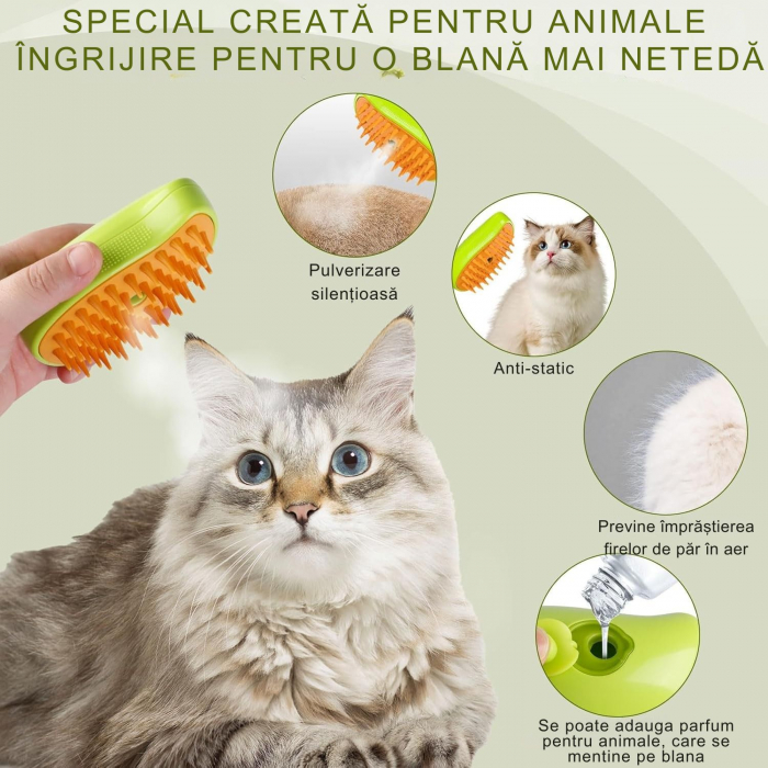 Perie cu aburi 3 in 1 pentru animale de companie – Giftry®, Curatare delicata, masaj relaxant, reincarcare USB, potrivita pentru pisici si caini, Verde [4]