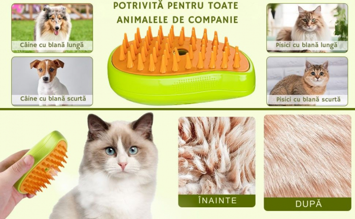 Perie cu aburi 3 in 1 pentru animale de companie – Giftry®, Curatare delicata, masaj relaxant, reincarcare USB, potrivita pentru pisici si caini, Verde [8]