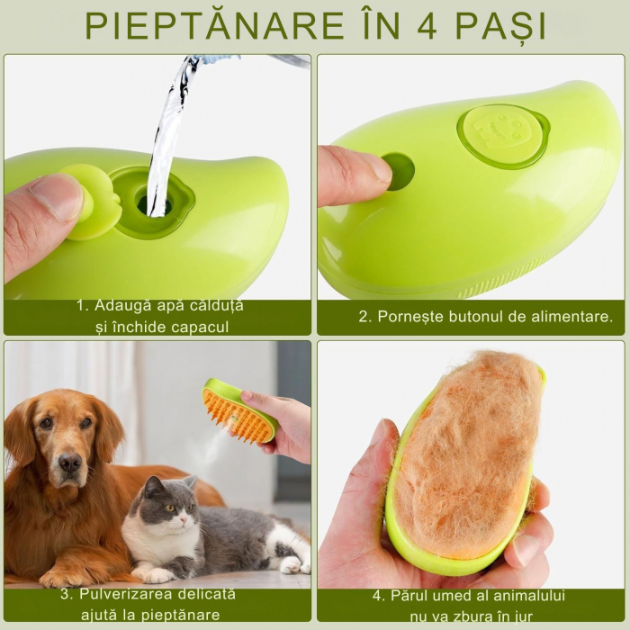 Perie cu aburi 3 in 1 pentru animale de companie – Giftry®, Curatare delicata, masaj relaxant, reincarcare USB, potrivita pentru pisici si caini, Verde [2]