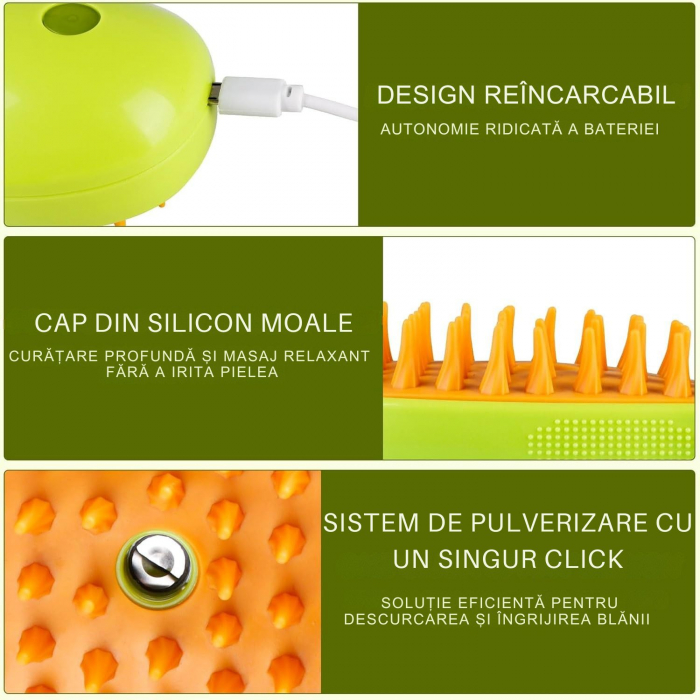 Perie cu aburi 3 in 1 pentru animale de companie – Giftry®, Curatare delicata, masaj relaxant, reincarcare USB, potrivita pentru pisici si caini, Verde [5]