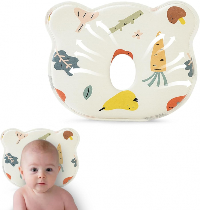 Perna Bebelusi Giftry®, Anti Plagiocefalie, pentru Formarea Capului, Spuma cu Memorie, Design Legume Fructe, multicolor, 0+ [3]