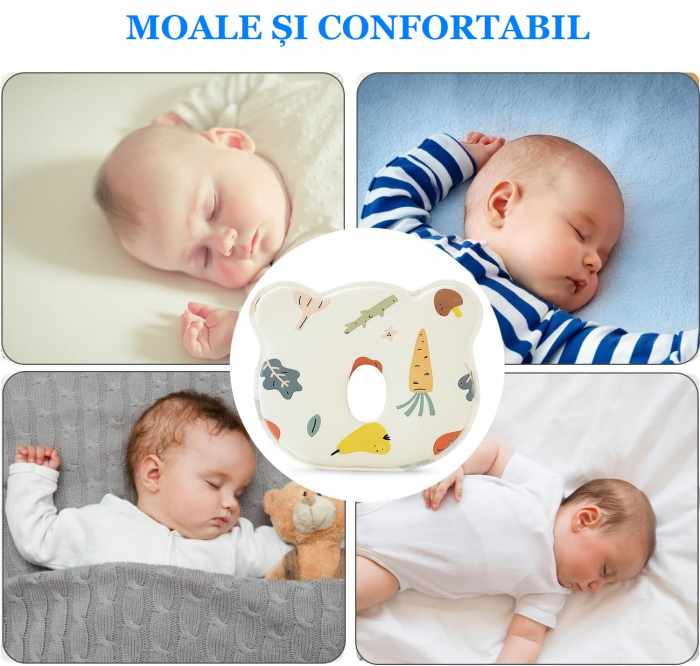 Perna Bebelusi Giftry®, Anti Plagiocefalie, pentru Formarea Capului, Spuma cu Memorie, Design Legume Fructe, multicolor, 0+ [5]