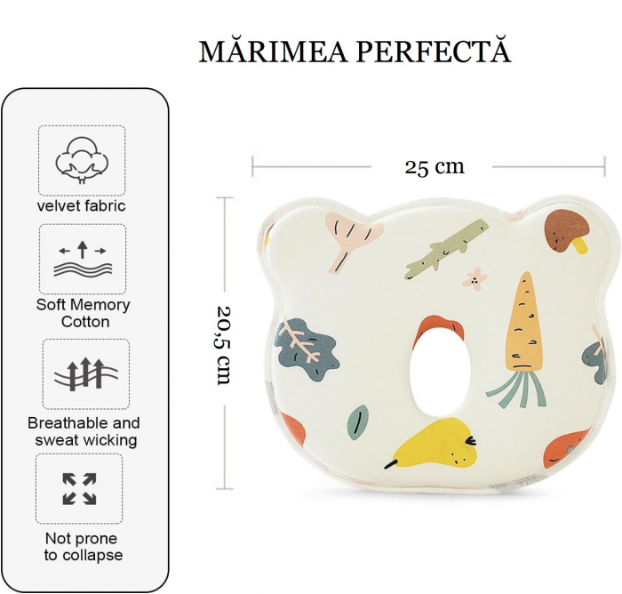 Perna Bebelusi Giftry®, Anti Plagiocefalie, pentru Formarea Capului, Spuma cu Memorie, Design Legume Fructe, multicolor, 0+ [2]