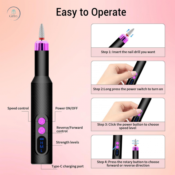 Pila electrica profesionala, Giftry®, 12 capete, 36 benzi de slefuire, Reincarcabil, 18000 RPM, Directia F/R, Display LED, portabil, manichiura / pedichiura, Negru [2]