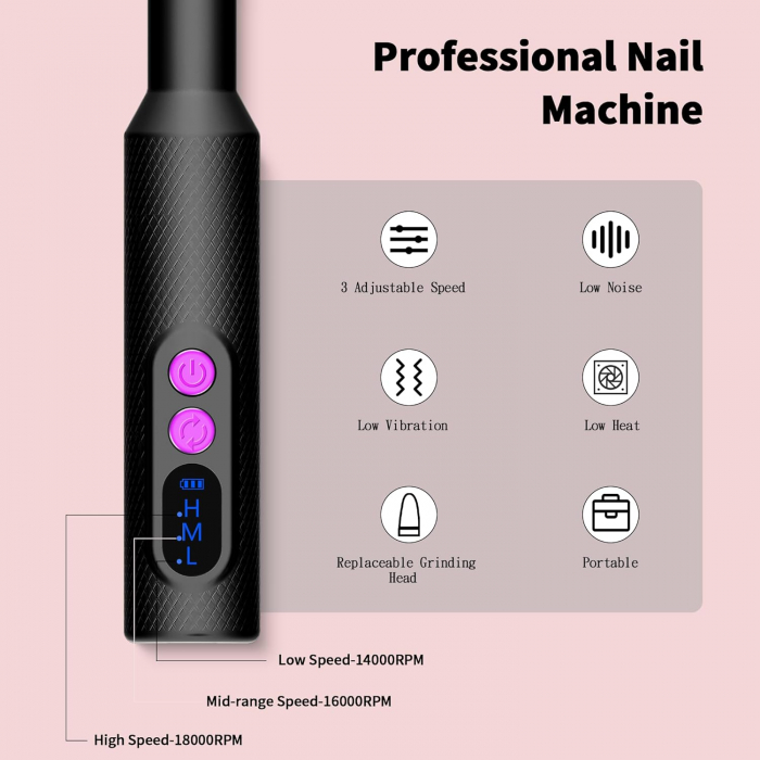 Pila electrica profesionala, Giftry®, 12 capete, 36 benzi de slefuire, Reincarcabil, 18000 RPM, Directia F/R, Display LED, portabil, manichiura / pedichiura, Negru [4]