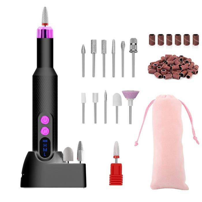 Pila electrica profesionala, Giftry®, 12 capete, 36 benzi de slefuire, Reincarcabil, 18000 RPM, Directia F/R, Display LED, portabil, manichiura / pedichiura, Negru [1]