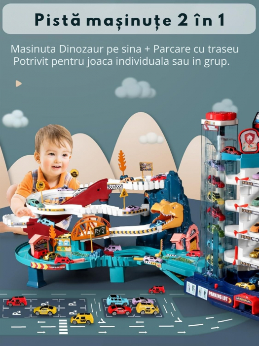 Pista de curse cu dinozauri, Giftry®,  set de joaca educativ si distractiv, cu pista pentru masinute si dinozauri, include 10 masinute mini, cadou perfect pentru baieti si fete de 3-8 ani [4]