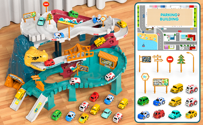 Pista de curse cu dinozauri, Giftry®,  set de joaca educativ si distractiv, cu pista pentru masinute si dinozauri, include 10 masinute mini, cadou perfect pentru baieti si fete de 3-8 ani [3]
