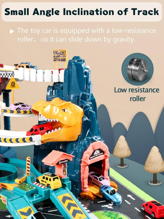 Pista de curse cu dinozauri, Giftry®,  set de joaca educativ si distractiv, cu pista pentru masinute si dinozauri, include 10 masinute mini, cadou perfect pentru baieti si fete de 3-8 ani [7]