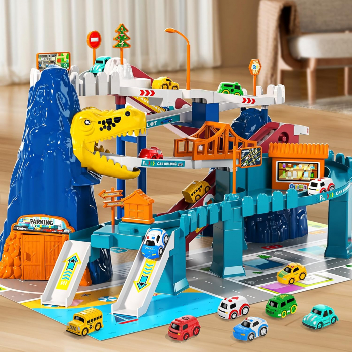 Pista de curse cu dinozauri, Giftry®,  set de joaca educativ si distractiv, cu pista pentru masinute si dinozauri, include 10 masinute mini, cadou perfect pentru baieti si fete de 3-8 ani [9]