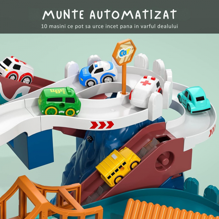 Pista de curse cu dinozauri, Giftry®,  set de joaca educativ si distractiv, cu pista pentru masinute si dinozauri, include 10 masinute mini, cadou perfect pentru baieti si fete de 3-8 ani [8]