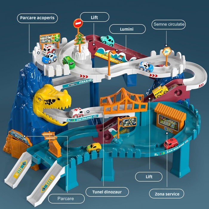 Pista de curse cu dinozauri, Giftry®,  set de joaca educativ si distractiv, cu pista pentru masinute si dinozauri, include 10 masinute mini, cadou perfect pentru baieti si fete de 3-8 ani [11]