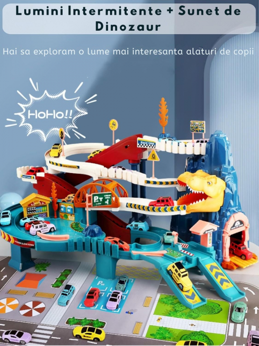 Pista de curse cu dinozauri, Giftry®,  set de joaca educativ si distractiv, cu pista pentru masinute si dinozauri, include 10 masinute mini, cadou perfect pentru baieti si fete de 3-8 ani [10]