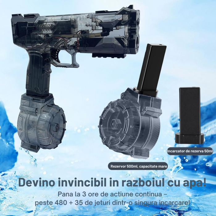 Pistol cu Apa Electric cu Acumulator Giftry®, Jet Puternic, Rezervor 500ml, Design Transparent, Culoare Negru – Jucarie Vara Copii si Adulti, Piscina si Plaja [2]