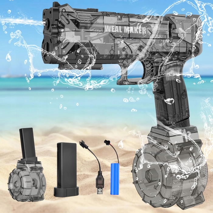 Pistol cu Apa Electric cu Acumulator Giftry®, Jet Puternic, Rezervor 500ml, Design Transparent, Culoare Negru – Jucarie Vara Copii si Adulti, Piscina si Plaja [6]