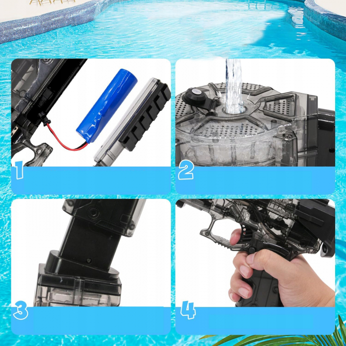 Pistol cu Apa Electric cu Acumulator Giftry®, Jet Puternic, Rezervor 500ml, Design Transparent, Culoare Negru – Jucarie Vara Copii si Adulti, Piscina si Plaja [5]