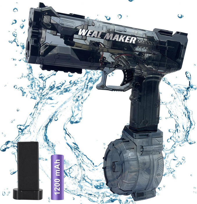 Pistol cu Apa Electric cu Acumulator Giftry®, Jet Puternic, Rezervor 500ml, Design Transparent, Culoare Negru – Jucarie Vara Copii si Adulti, Piscina si Plaja [1]