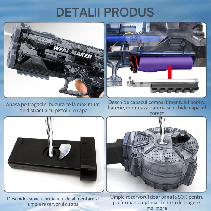 Pistol cu Apa Electric cu Acumulator Giftry®, Jet Puternic, Rezervor 500ml, Design Transparent, Culoare Negru – Jucarie Vara Copii si Adulti, Piscina si Plaja [3]