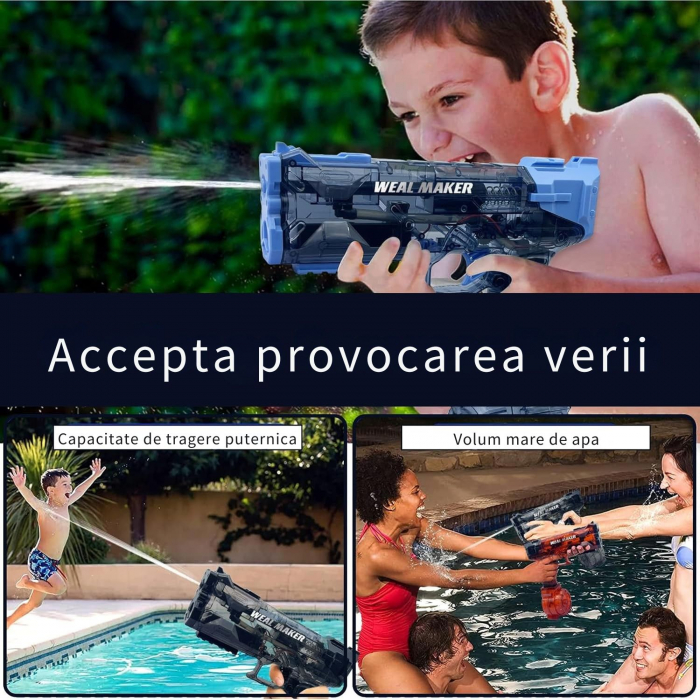 Pistol cu Apa Electric cu Acumulator Giftry®, Jet Puternic, Rezervor 500ml, Design Transparent, Culoare Negru – Jucarie Vara Copii si Adulti, Piscina si Plaja [4]