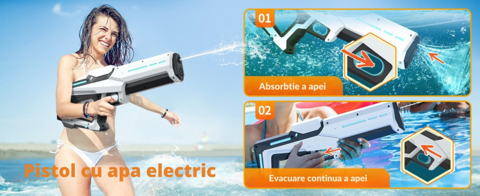 Pistol cu Apa Electric Giftry®, 500 ml, Reincarcare Automata 12 sec, Distanta 10m, Baterie Reincarcabila, Rezistent la Apa, cu Ochelari Protectie, pentru Copii si Adulti, alb [9]