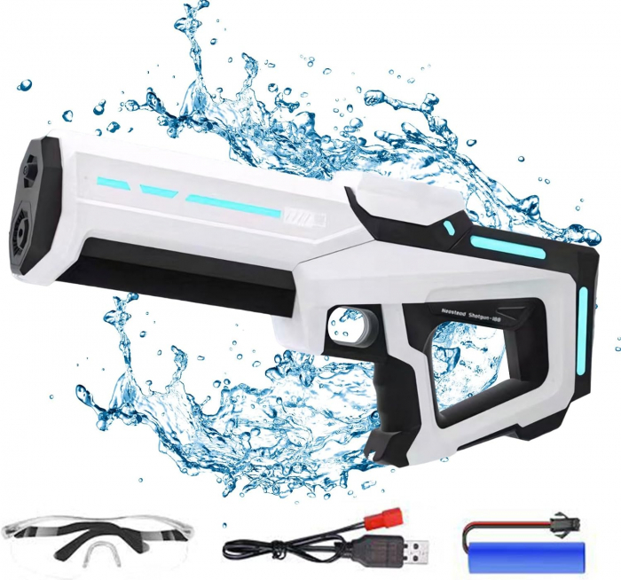 Pistol cu Apa Electric Giftry®, 500 ml, Reincarcare Automata 12 sec, Distanta 10m, Baterie Reincarcabila, Rezistent la Apa, cu Ochelari Protectie, pentru Copii si Adulti, alb [1]