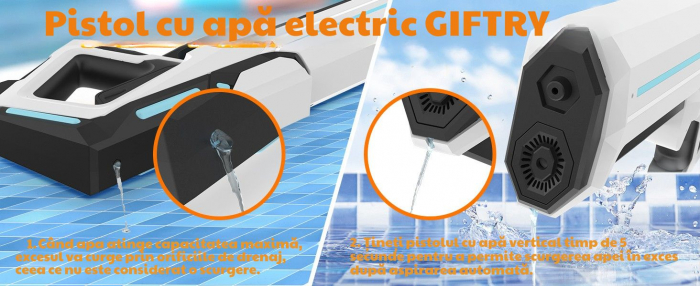 Pistol cu Apa Electric Giftry®, 500 ml, Reincarcare Automata 12 sec, Distanta 10m, Baterie Reincarcabila, Rezistent la Apa, cu Ochelari Protectie, pentru Copii si Adulti, alb [8]
