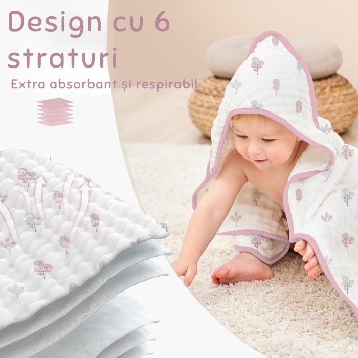 Prosoape de Muselină cu Glugă Giftry®, 80x80 cm, Set 2 Bucăți – 100% Bumbac Natural, 6 Straturi, Ultra Moi și Absorbante, Cadou pentru Nou-Născuți și Copii, Alb/Roz Model Frunze [5]