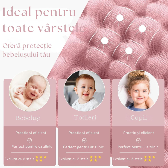 Prosoape de Muselină cu Glugă Giftry®, 80x80 cm, Set 2 Bucăți – 100% Bumbac Natural, 6 Straturi, Ultra Moi și Absorbante, Cadou pentru Nou-Născuți și Copii, Alb/Roz Model Frunze [3]