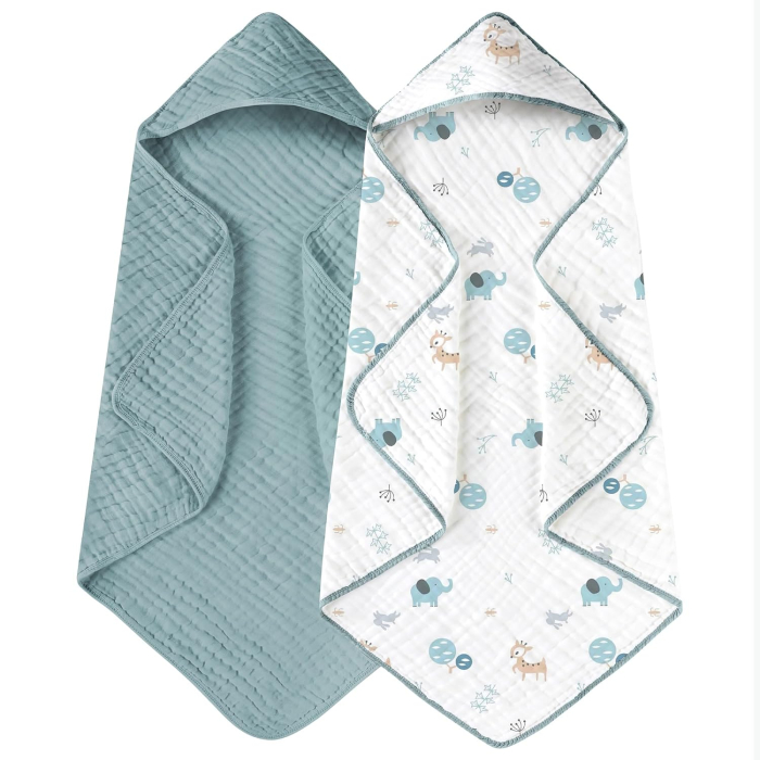 Prosoape de Muselină cu Glugă Giftry®, 80x80 cm, Set 2 Bucăți – 100% Bumbac Natural, 6 Straturi, Ultra Moi și Absorbante, Cadou pentru Nou-Născuți și Copii, Albastru/Alb Model Elefanti [1]