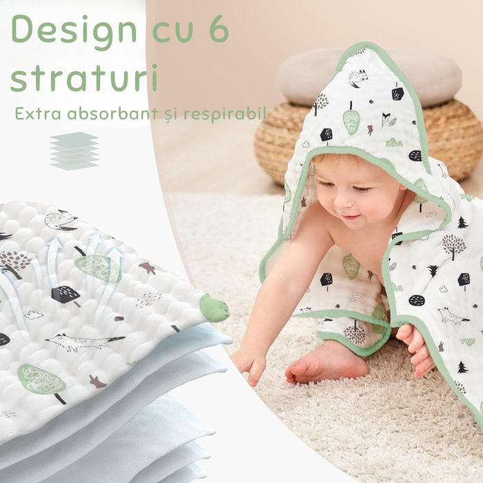 Prosoape de Muselină cu Glugă Giftry®, 80x80 cm, Set 2 Bucăți – 100% Bumbac Natural, 6 Straturi, Ultra Moi și Absorbante, Cadou pentru Nou-Născuți și Copii, Verde/Alb Model Copaci [5]