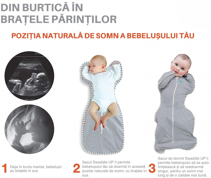 Sac de dormit bebelusi Giftry®, sistem infasat, marimea M (3–6 luni / 6–8.5 kg), 1.0 TOG, fermoar dublu, gri, 93% bumbac [4]
