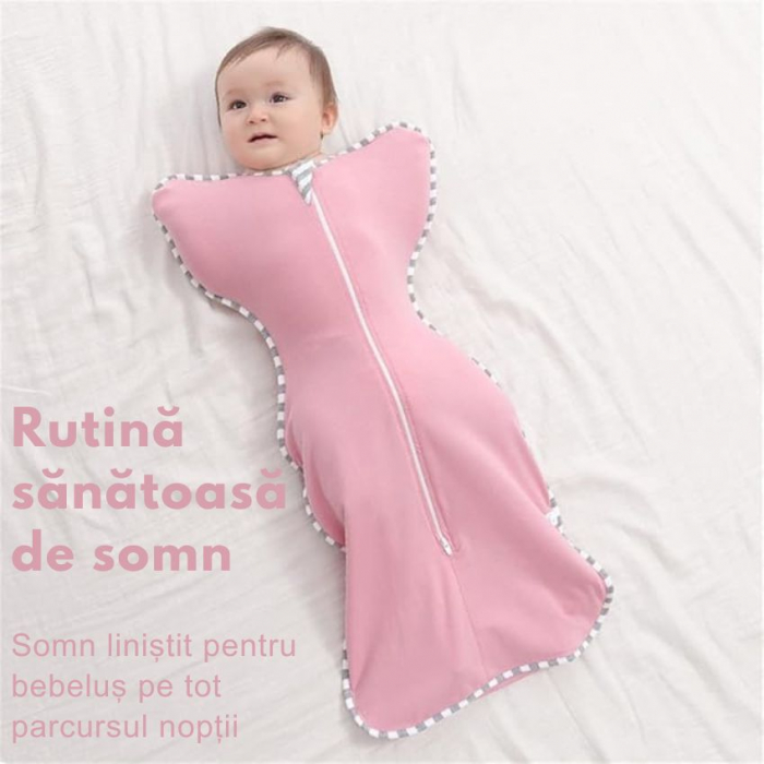 Sac de dormit bebelusi Giftry®, sistem infasat, marimea M (3–6 luni / 6–8.5 kg), 1.0 TOG, fermoar dublu, roz, 93% bumbac [2]