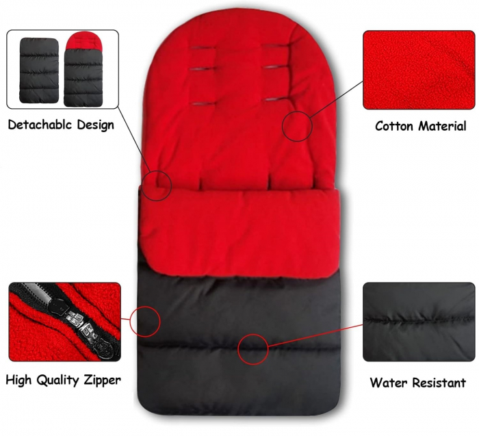 Sac de iarna pentru carucior, Giftry®, Husa picioare, cu fermoar, impermeabila, rezistenta la vant, marime universala, captuseala polar fleece, rosu [2]