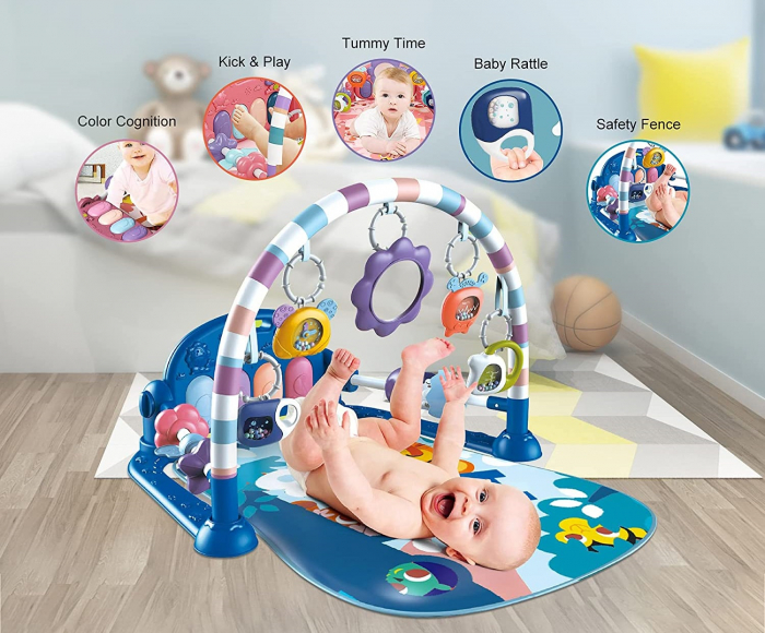 Saltea de activitati pentru bebelusi, covoras multifunctional, interactiv, 5 jucarii senzoriale, albastru, 0 luni + [3]