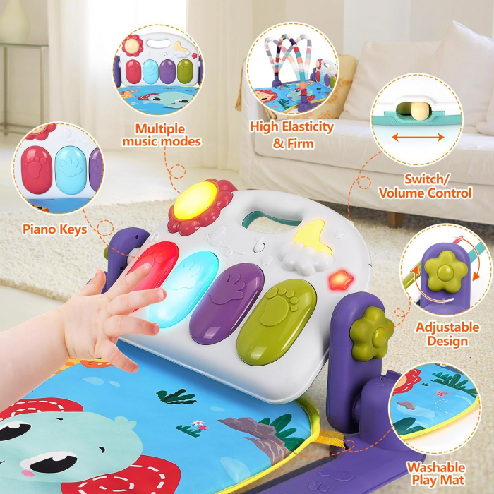 Saltea de activitati XXL pentru bebelusi Giftry®, covoras de joaca multifunctional, model jungla, interactiv, 5 jucarii senzoriale, muzica si lumini, albastru, 0 luni + [7]