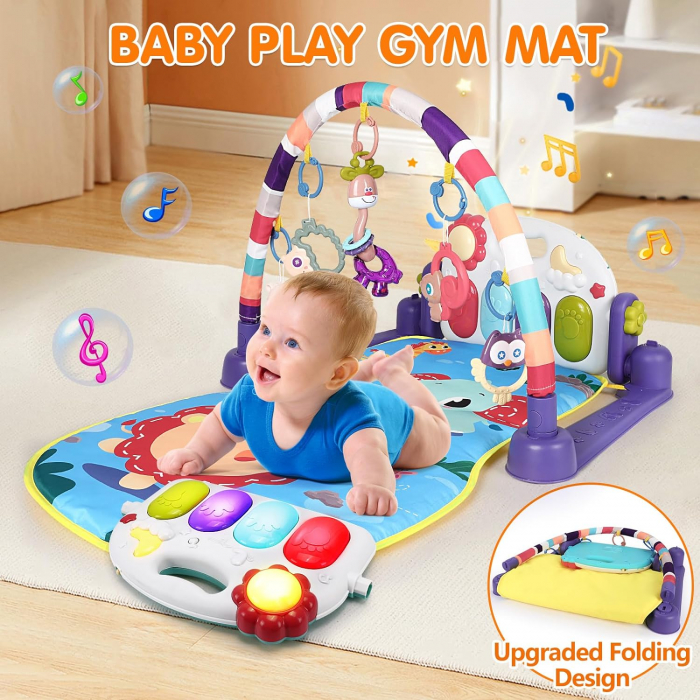 Saltea de activitati XXL pentru bebelusi Giftry®, covoras de joaca multifunctional, model jungla, interactiv, 5 jucarii senzoriale, muzica si lumini, albastru, 0 luni + [5]