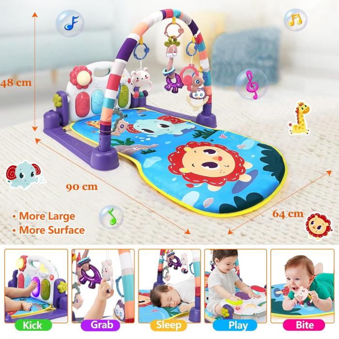 Saltea de activitati XXL pentru bebelusi Giftry®, covoras de joaca multifunctional, model jungla, interactiv, 5 jucarii senzoriale, muzica si lumini, albastru, 0 luni + [2]