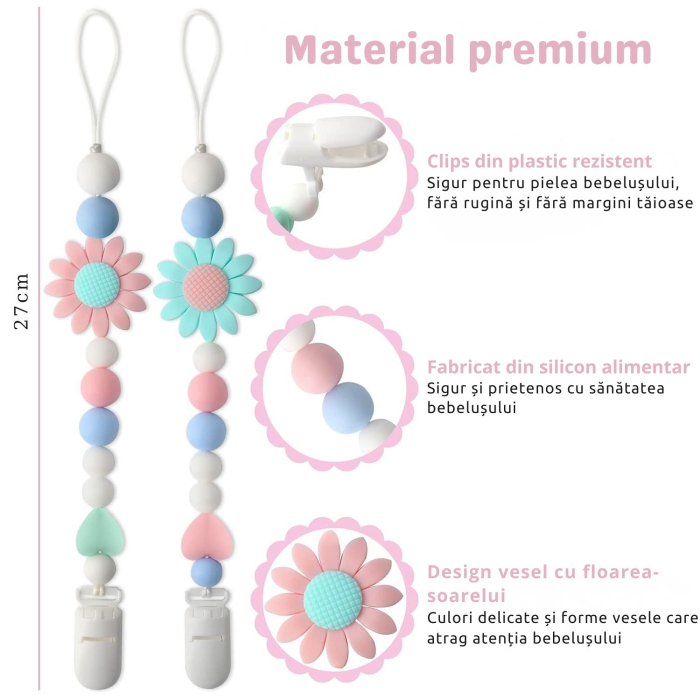 Set 2 Lantisoare pentru Suzete din Silicon Alimentar Giftry®  – Design Floarea-Soarelui, Universal pentru Suzete si Jucarii Dentitie, Cadou Ideal, (Roz & Verde) [4]