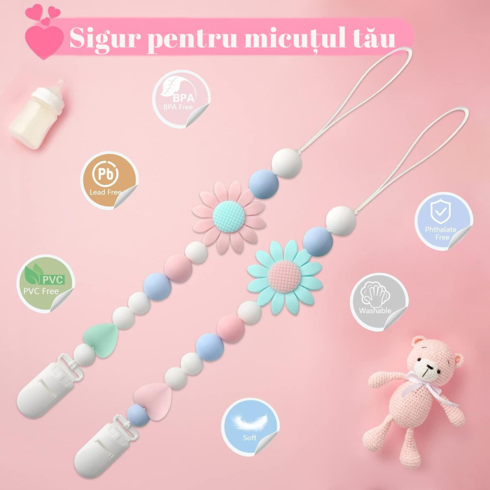 Set 2 Lantisoare pentru Suzete din Silicon Alimentar Giftry®  – Design Floarea-Soarelui, Universal pentru Suzete si Jucarii Dentitie, Cadou Ideal, (Roz & Verde) [3]