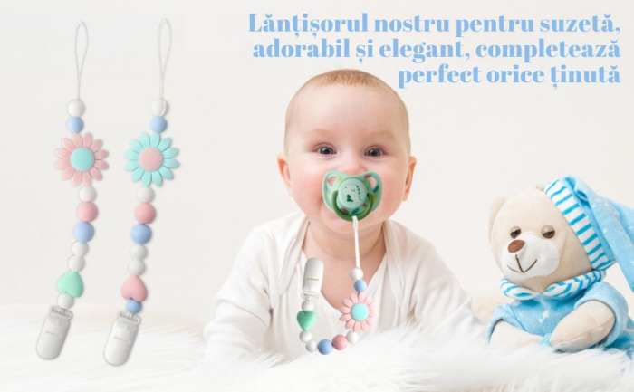 Set 2 Lantisoare pentru Suzete din Silicon Alimentar Giftry®  – Design Floarea-Soarelui, Universal pentru Suzete si Jucarii Dentitie, Cadou Ideal, (Roz & Verde) [5]