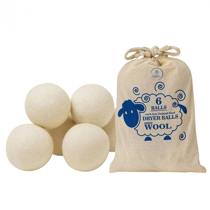 Set 6 Bile din Lana Naturala Giftry® – Reutilizabile, Anti-Electrizante, Alternativa Ecologica, Reduc Timpul de Uscare si Cutele Hainelor, cu Saculet de Depozitare [1]