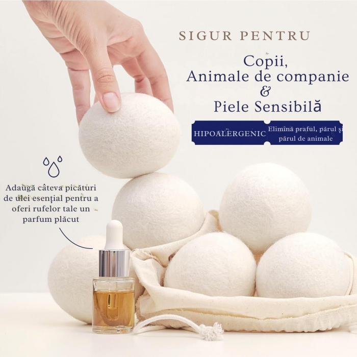 Set 6 Bile din Lana Naturala Giftry® – Reutilizabile, Anti-Electrizante, Alternativa Ecologica, Reduc Timpul de Uscare si Cutele Hainelor, cu Saculet de Depozitare [4]