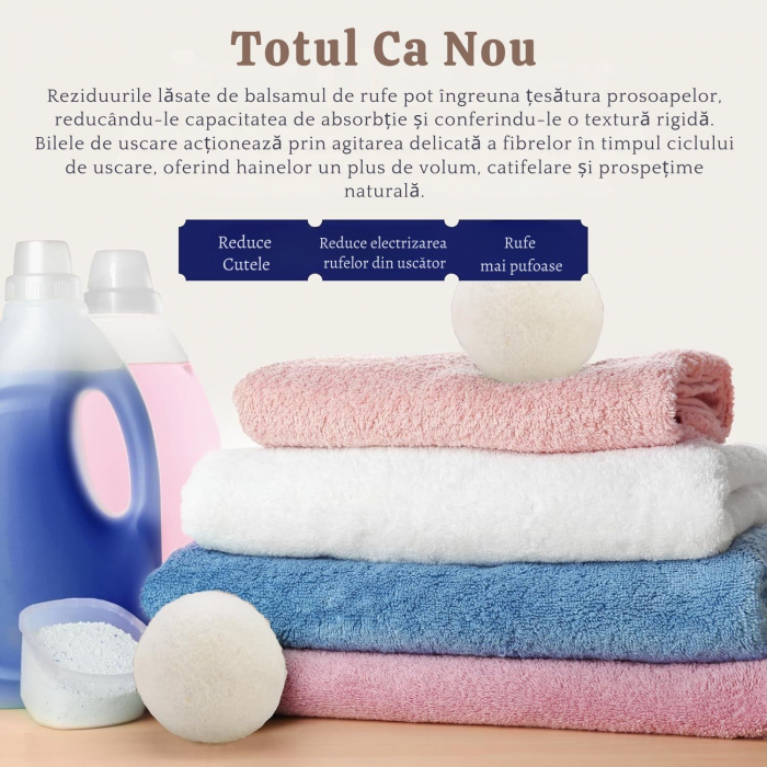 Set 6 Bile din Lana Naturala Giftry® – Reutilizabile, Anti-Electrizante, Alternativa Ecologica, Reduc Timpul de Uscare si Cutele Hainelor, cu Saculet de Depozitare [2]