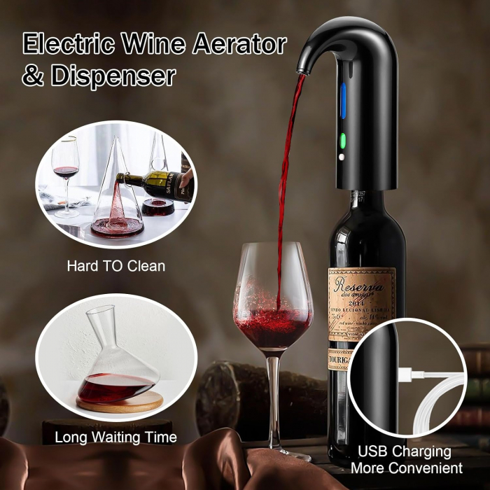 Set Aerator Electric Giftry®, Decantor pentru vin, Tirbuson electric, Accesoriu taiat folie, Dop vacuum, reincarcabil USB, Negru [7]