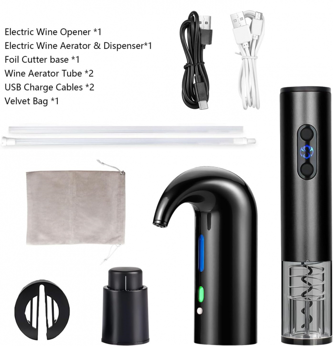 Set Aerator Electric Giftry®, Decantor pentru vin, Tirbuson electric, Accesoriu taiat folie, Dop vacuum, reincarcabil USB, Negru [4]