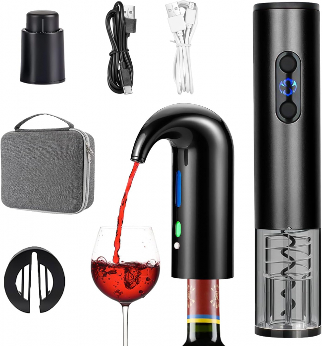 Set Aerator Electric Giftry®, Decantor pentru vin, Tirbuson electric, Accesoriu taiat folie, Dop vacuum, reincarcabil USB, Negru [1]