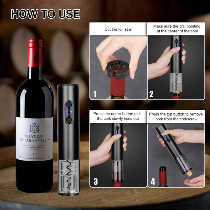 Set Aerator Electric Giftry®, Decantor pentru vin, Tirbuson electric, Accesoriu taiat folie, Dop vacuum, reincarcabil USB, Negru [3]