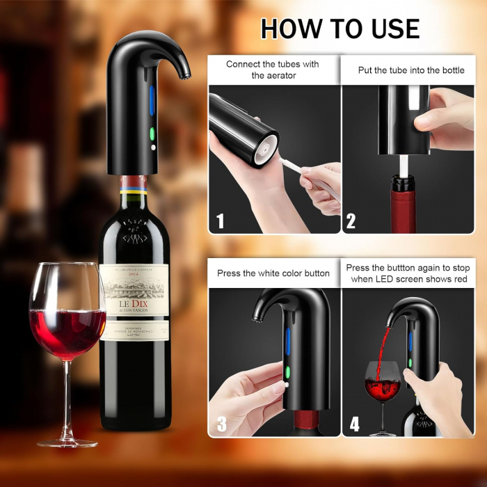 Set Aerator Electric Giftry®, Decantor pentru vin, Tirbuson electric, Accesoriu taiat folie, Dop vacuum, reincarcabil USB, Negru [6]